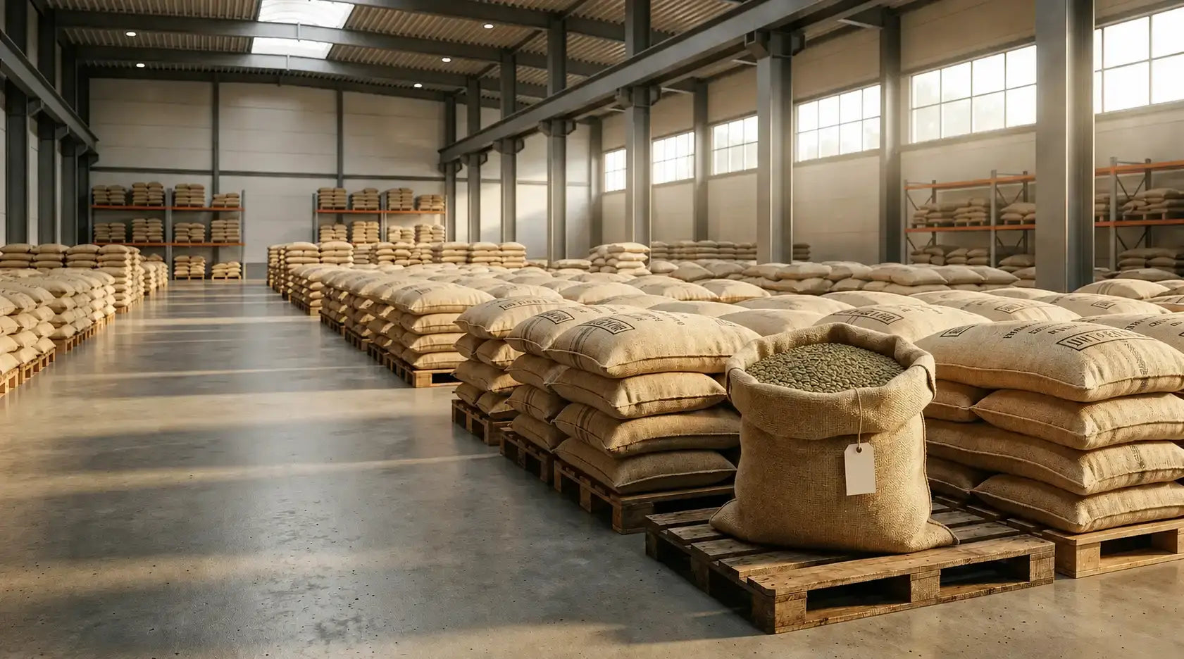 Green coffee sacks in a European warehouse, CaAmo Coffee wholesale supply